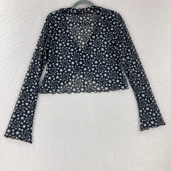 Free People Marni Sheer Top Womens Medium Black White Star Print Long Sleeve Tie - Picture 11 of 12